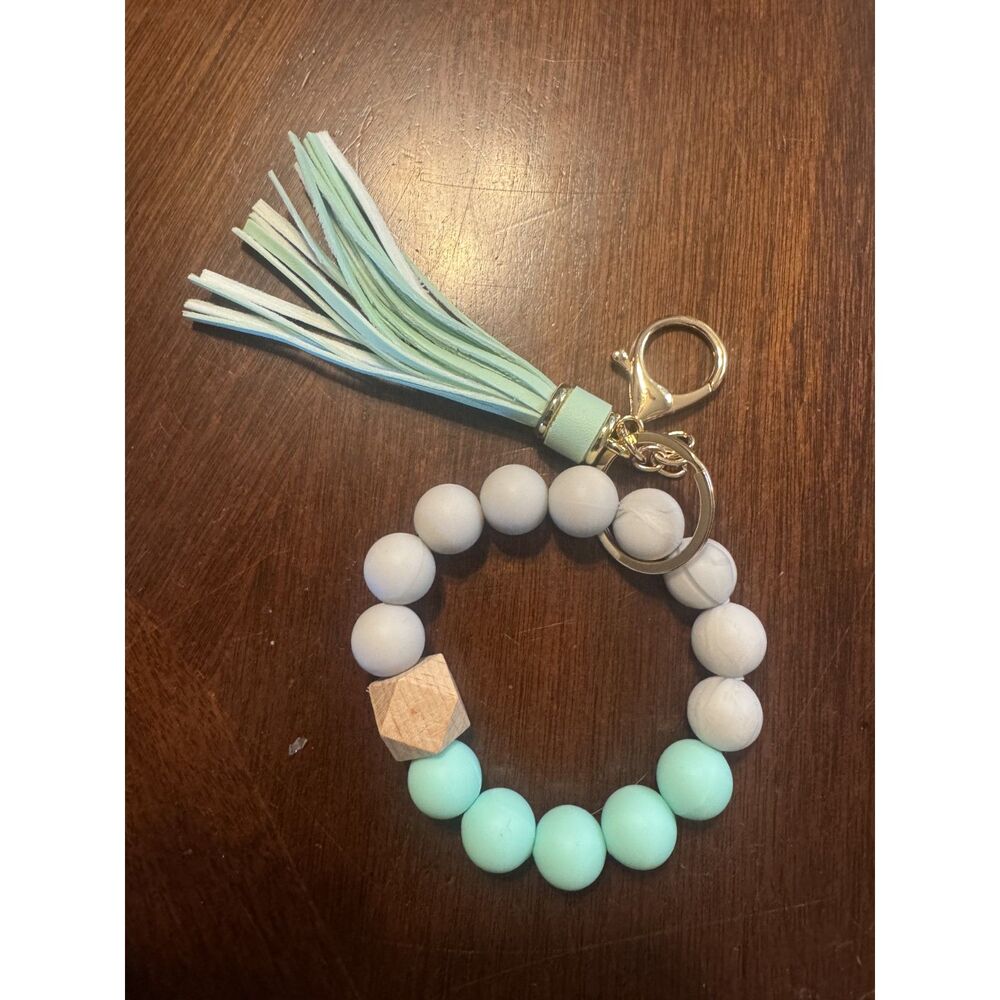 Handmade Elastic Bangle Bracelet Wristlet Keychain Mint Green and Gray NEW